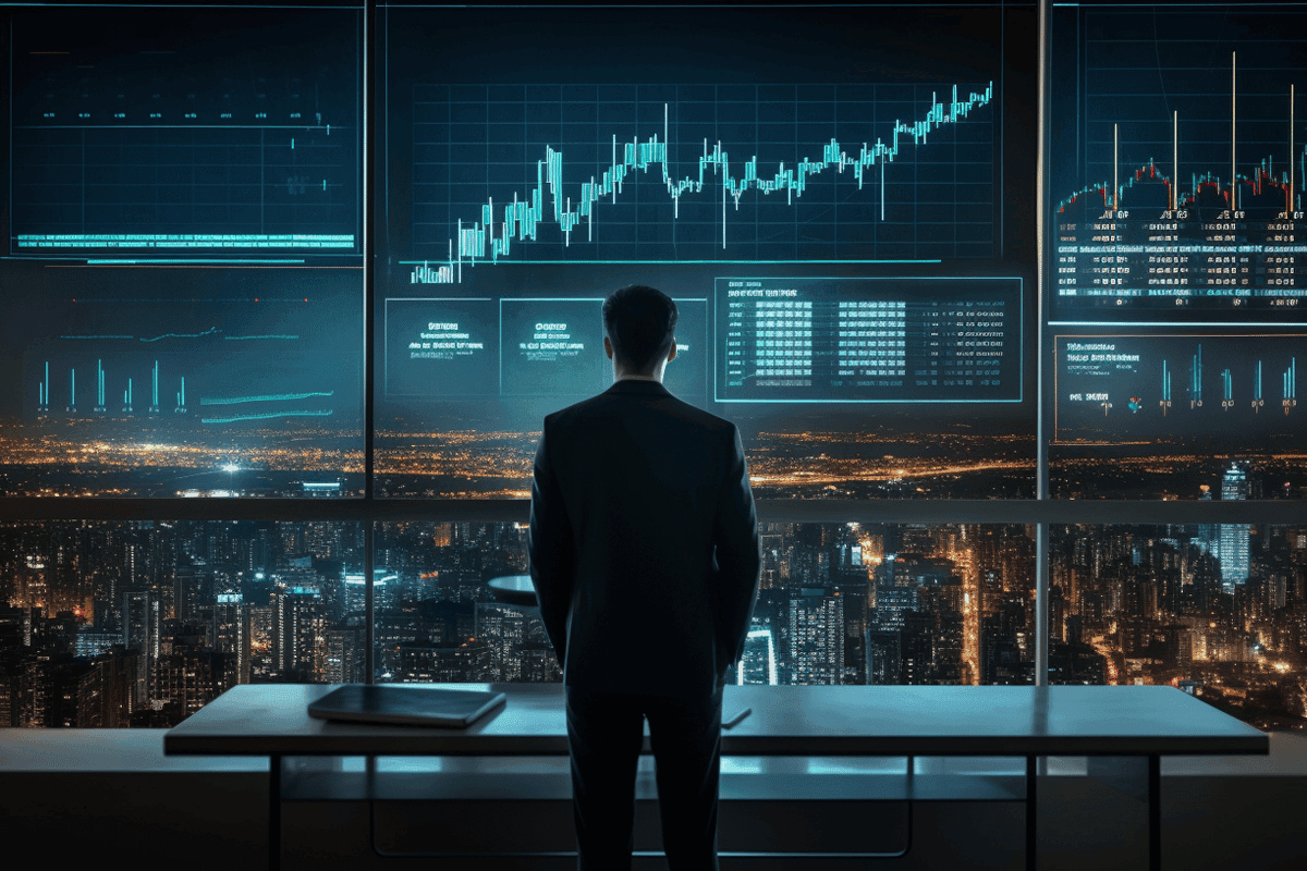 Senior investor studying market analytics at dusk — assessing structural readiness and governance maturity before backing a startup