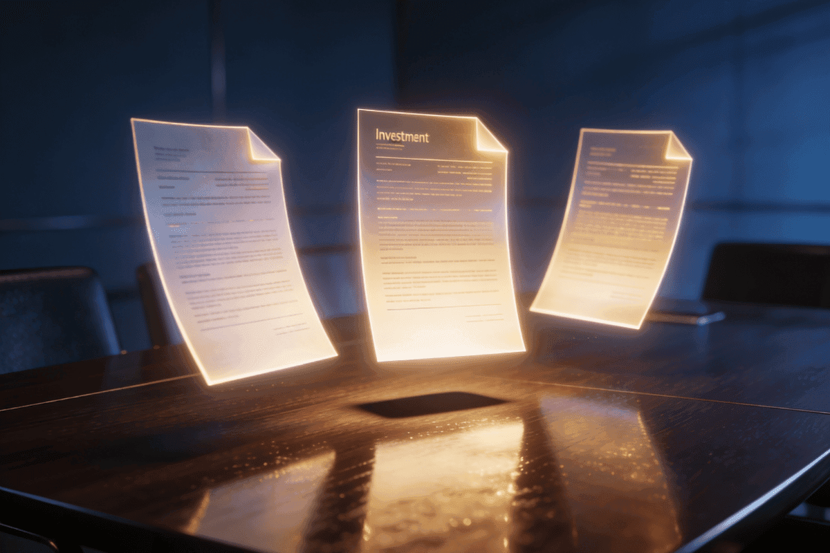 Three glowing, holographic documents labeled "Investment" floating above a dark boardroom table, symbolizing critical deal documents.