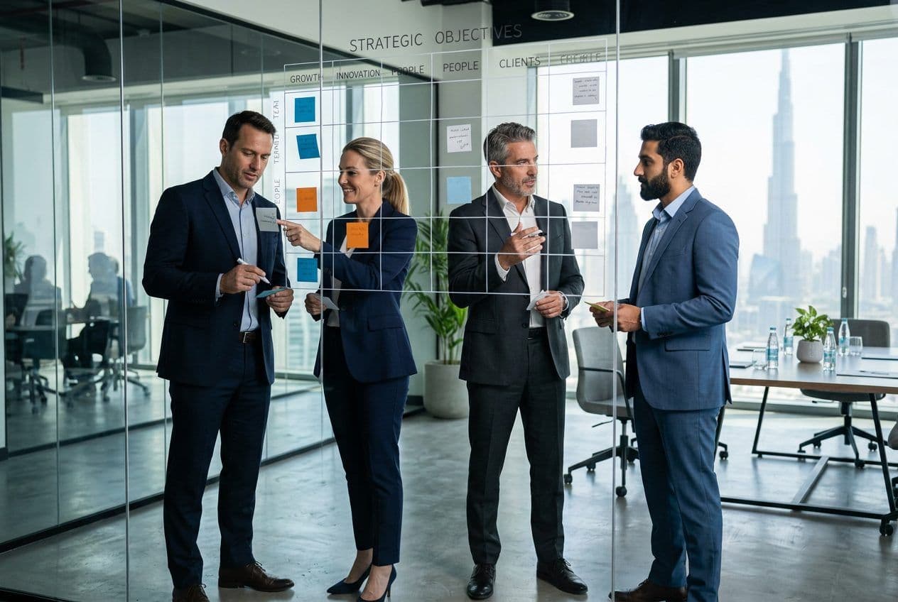 Executive team at an OKR planning wall